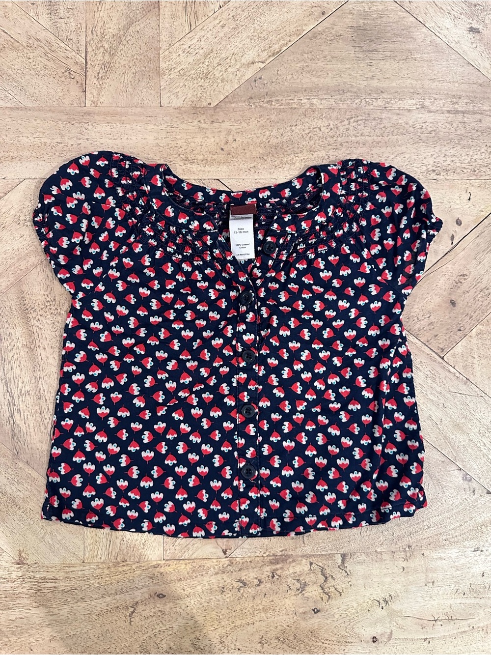 Navy Button-Front Short Sleeve Top with Red Floral Print